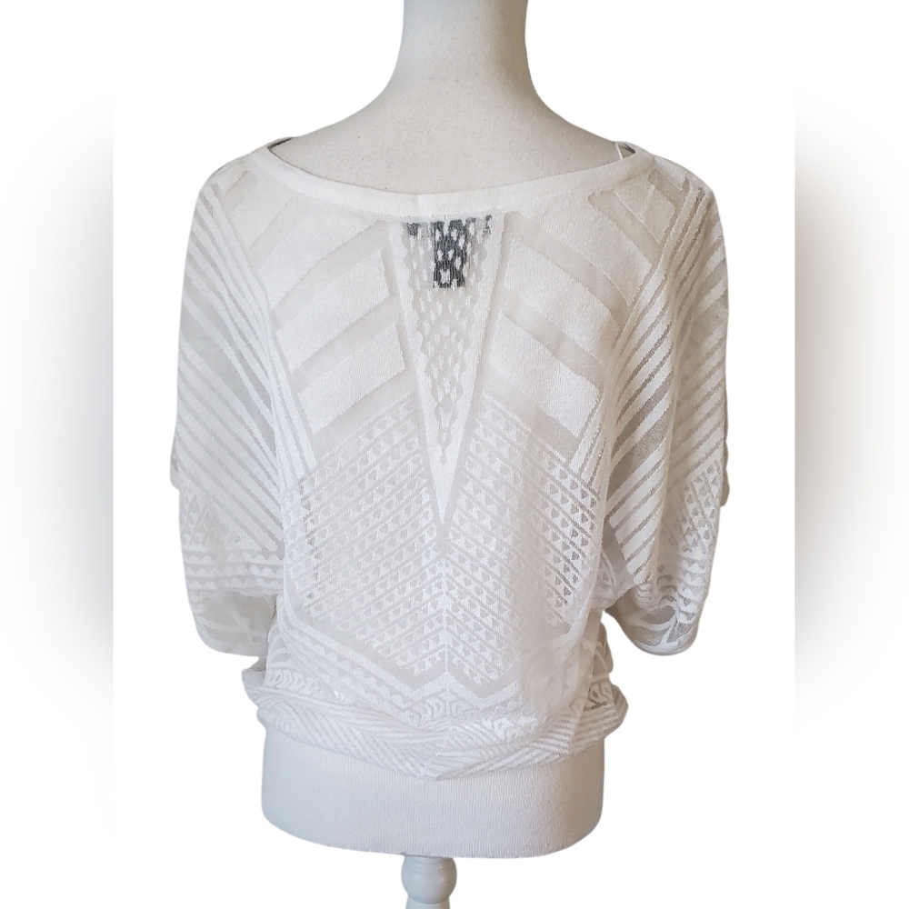 White House Black Market White Textured Sheer Blouson Top Dolman Sleeve Size L - Picture 5 of 10